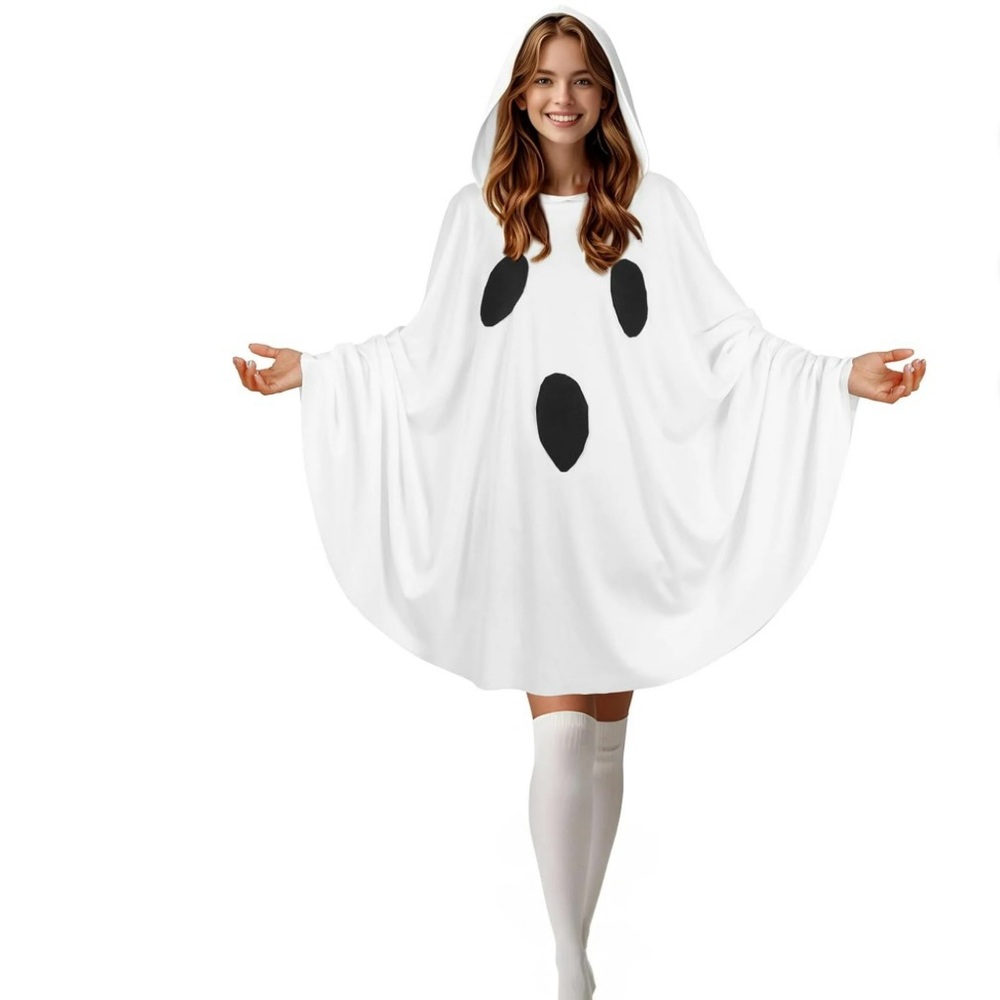 White Ghost Poncho for adult Halloween Costume Women with Attached Hood